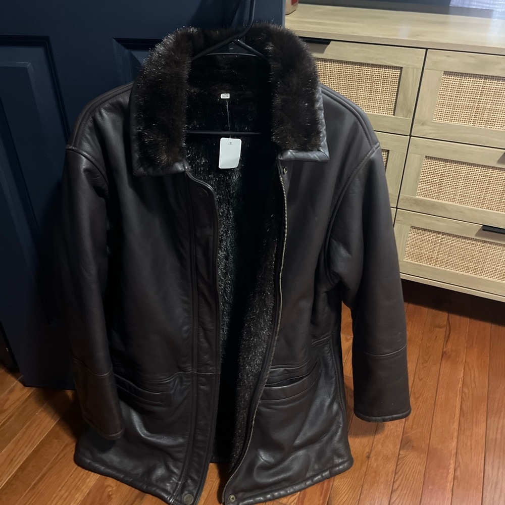 Jones New York Dark Brown Leather Coat with Fur
